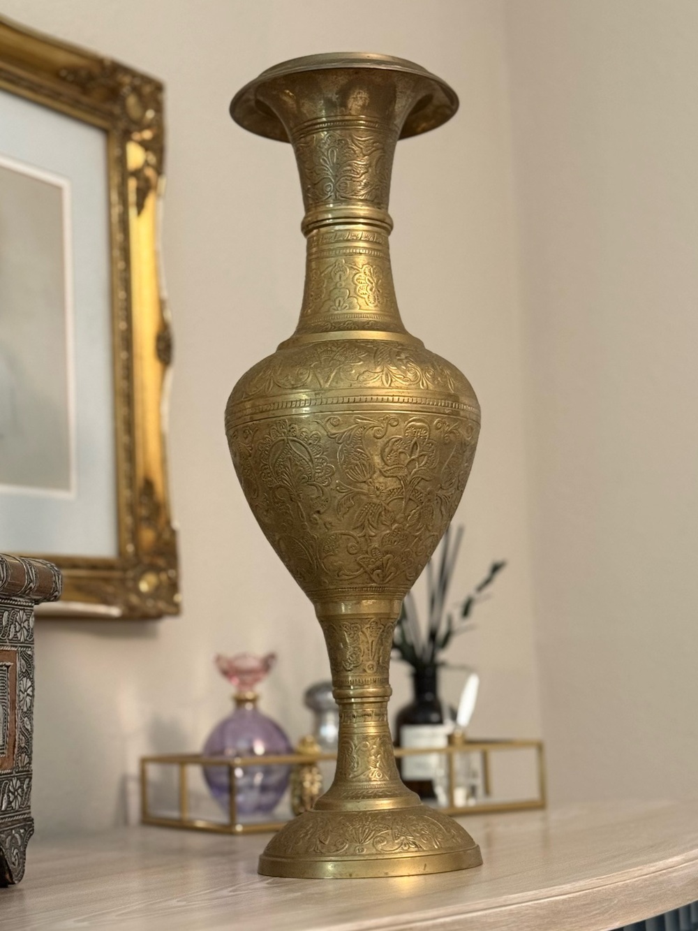 Brass Decorative Vase with Engraved Floral Motif - Brass 18 inches tall